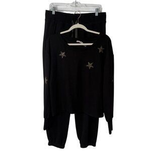 Ramy Brook Morris Black Glitter Star Jogger Pant & Top Set Lounge Womens Size L